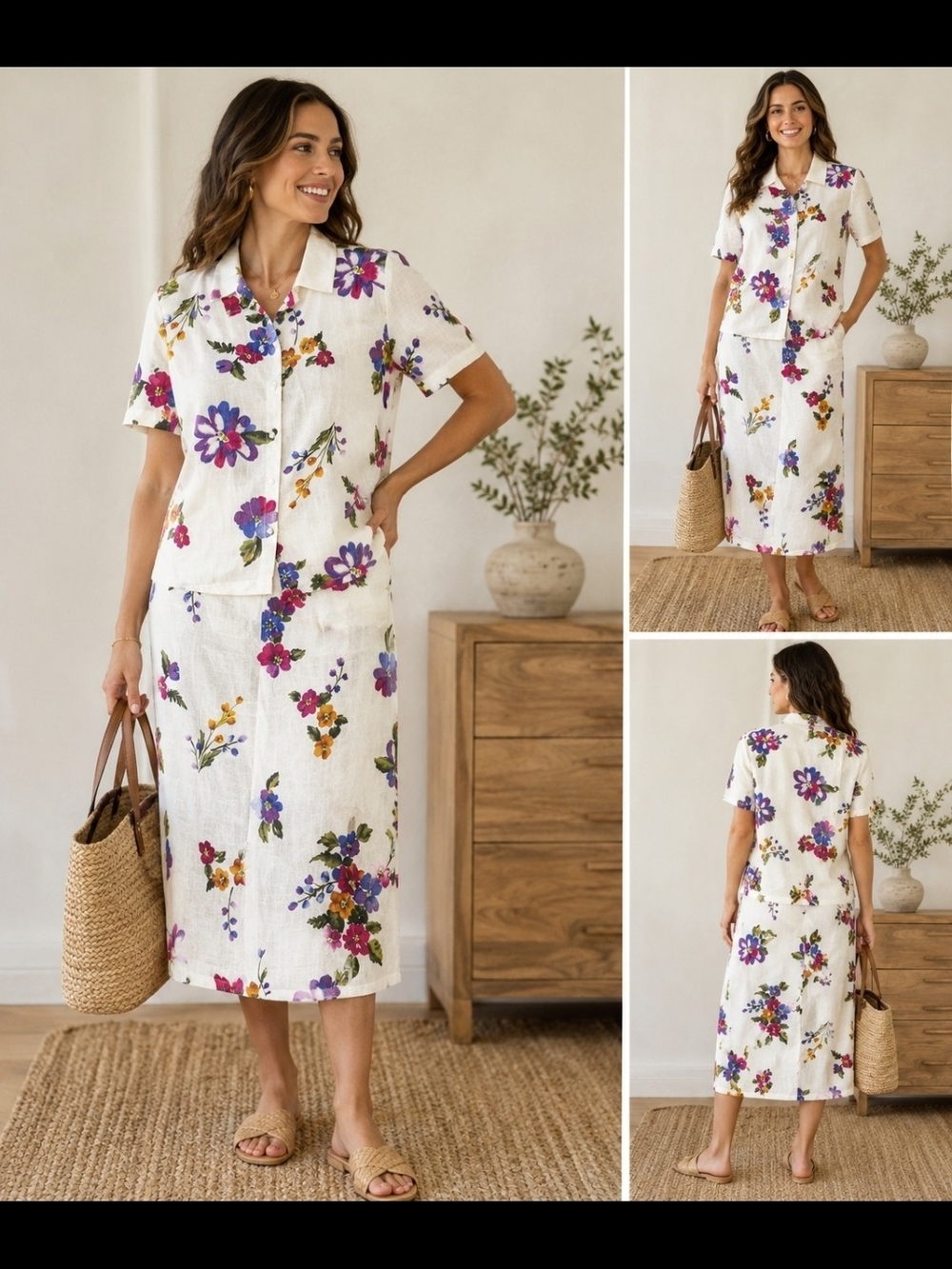 Vintage Hot Cotton by Marc Ware 100% Linen Floral Skirt Set Medium USA